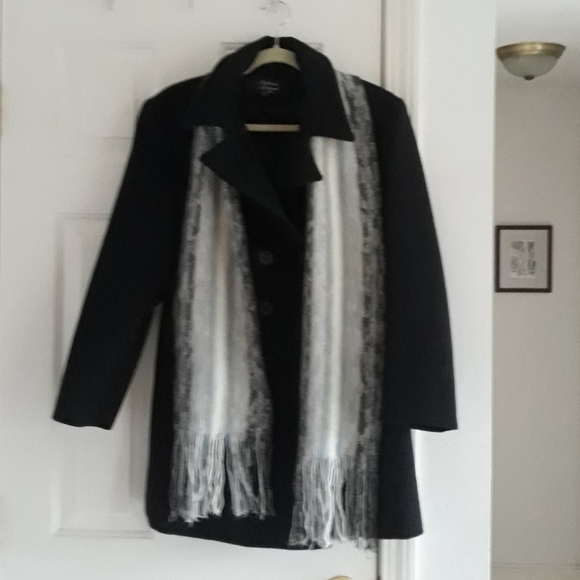 Black Wool Pea Coat w/ Scarf Size Medium/10 Petite - Picture 1 of 8